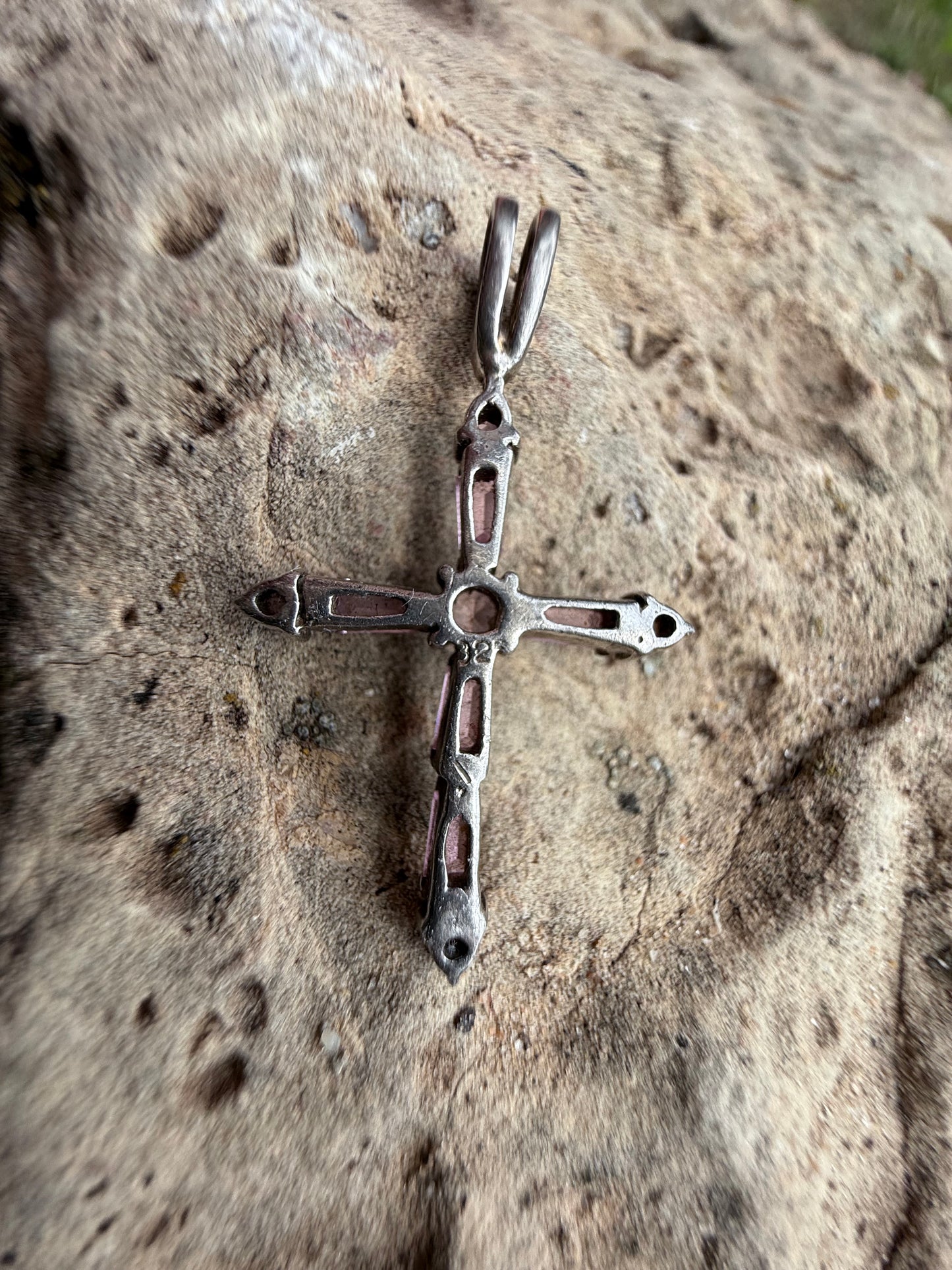 Beautiful .925 Sterling silver Cross pendant, pink ice glass rhinestone