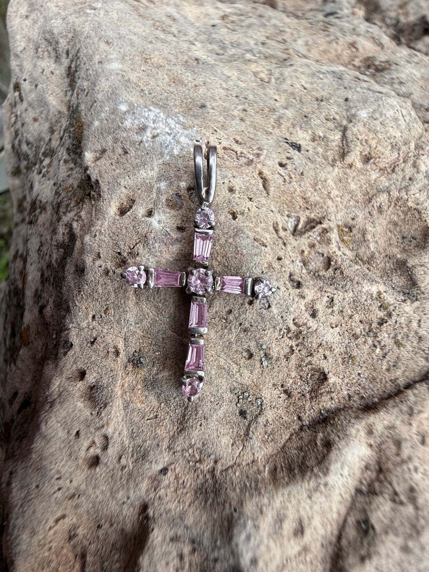 Beautiful .925 Sterling silver Cross pendant, pink ice glass rhinestone