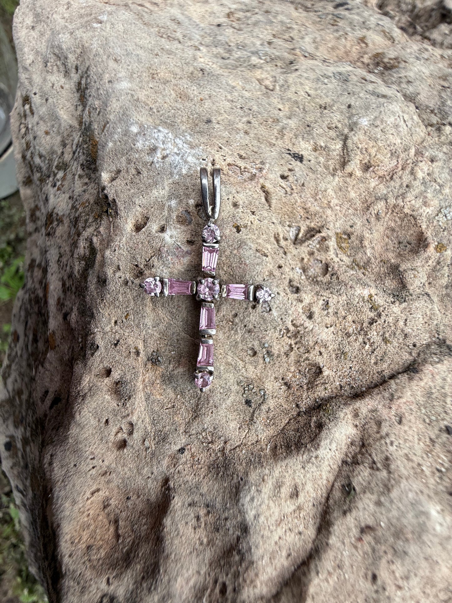 Beautiful .925 Sterling silver Cross pendant, pink ice glass rhinestone