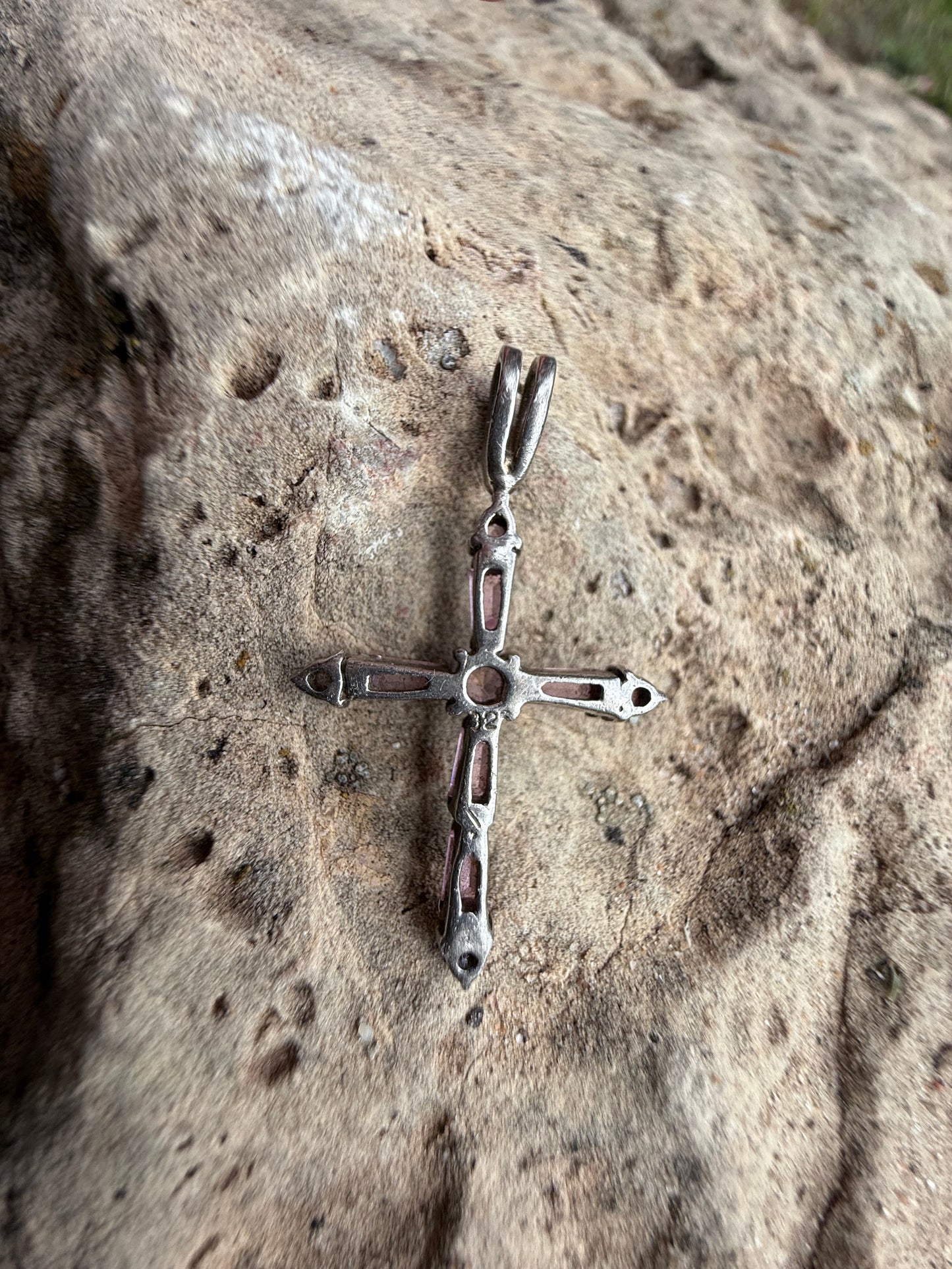 Beautiful .925 Sterling silver Cross pendant, pink ice glass rhinestone