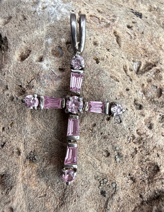 Beautiful .925 Sterling silver Cross pendant, pink ice glass rhinestone